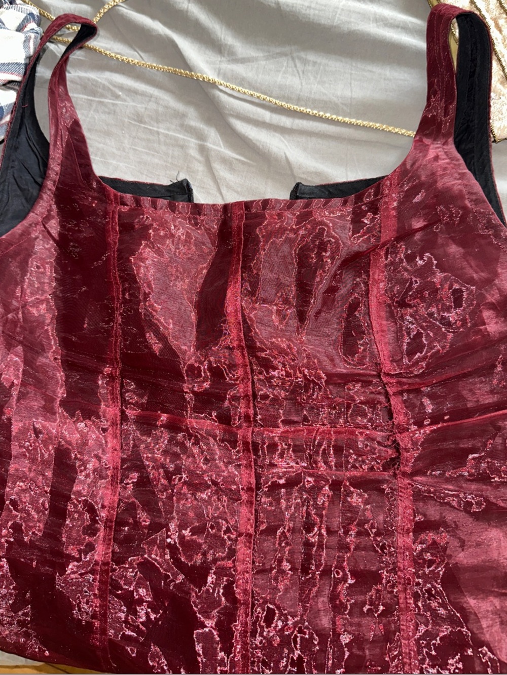 Elegant Burgundy 2000s Midi Dress with Sheer Overlay - Picture 5 of 5